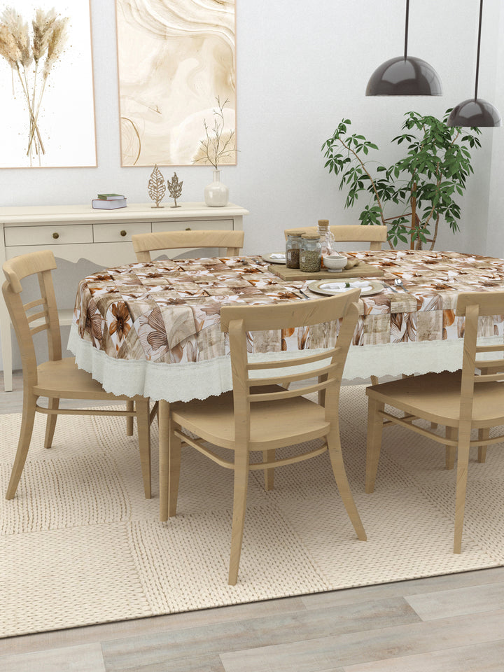 6 Seater Oval Dining Table Cover; 60x90 Inches; Material - PVC; Anti Slip; Brown Flowers & Checks