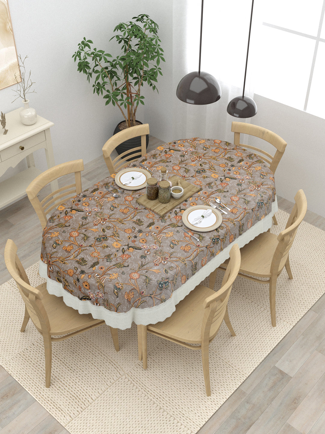 6 Seater Oval Dining Table Cover; 60x90 Inches; Material - PVC; Anti Slip; Golden Yellow Flowers