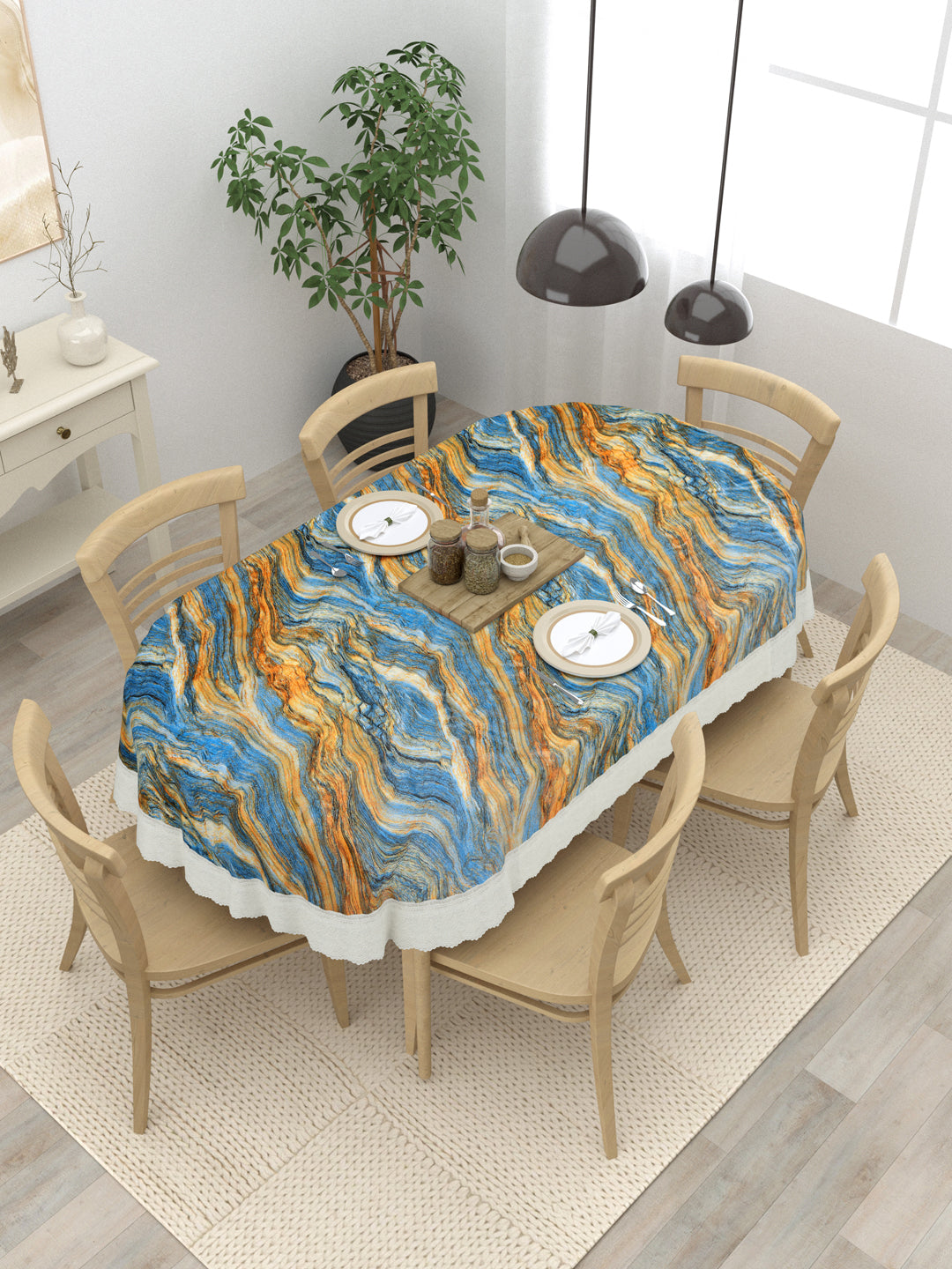 6 Seater Oval Dining Table Cover; 60x90 Inches; Material - PVC; Anti Slip; Blue & Golden Abstract