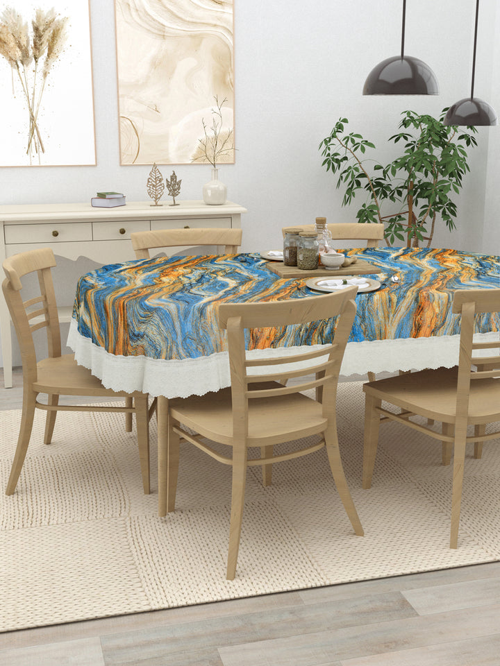 6 Seater Oval Dining Table Cover; 60x90 Inches; Material - PVC; Anti Slip; Blue & Golden Abstract