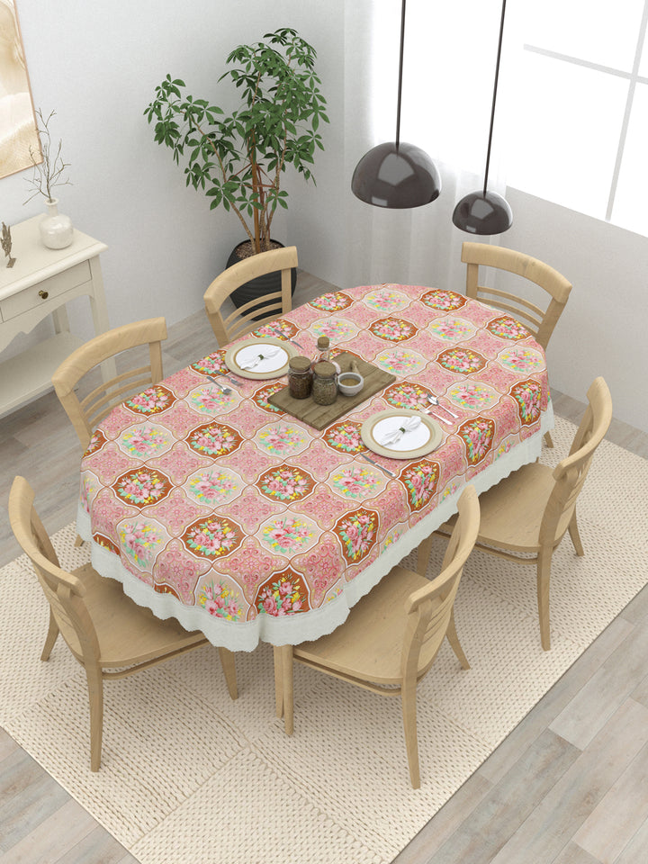 Oval Dining Table Cover; Material - PVC; Anti Slip; Multicolor Flowers In Checks