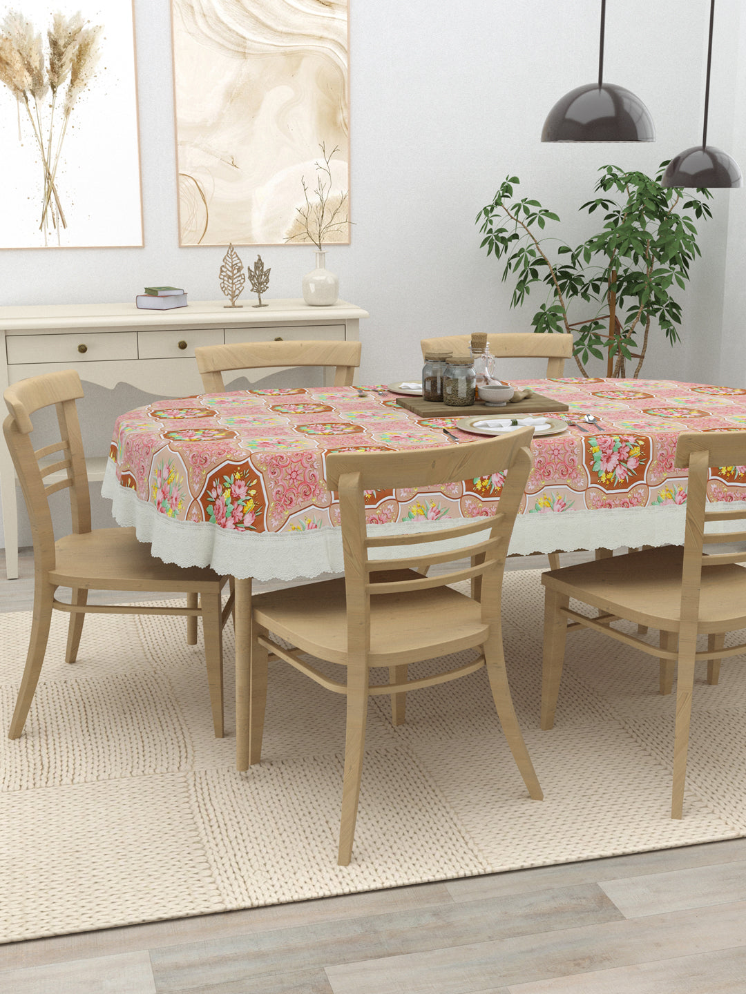 Oval Dining Table Cover; Material - PVC; Anti Slip; Multicolor Flowers In Checks