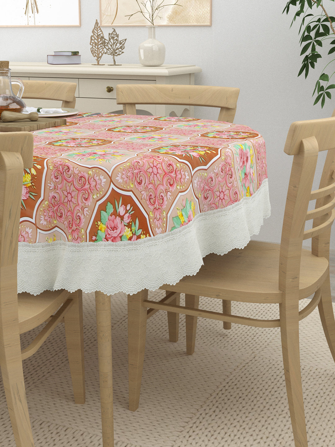 Oval Dining Table Cover; Material - PVC; Anti Slip; Multicolor Flowers In Checks