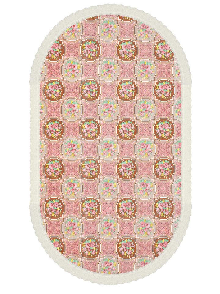 Oval Dining Table Cover; Material - PVC; Anti Slip; Multicolor Flowers In Checks