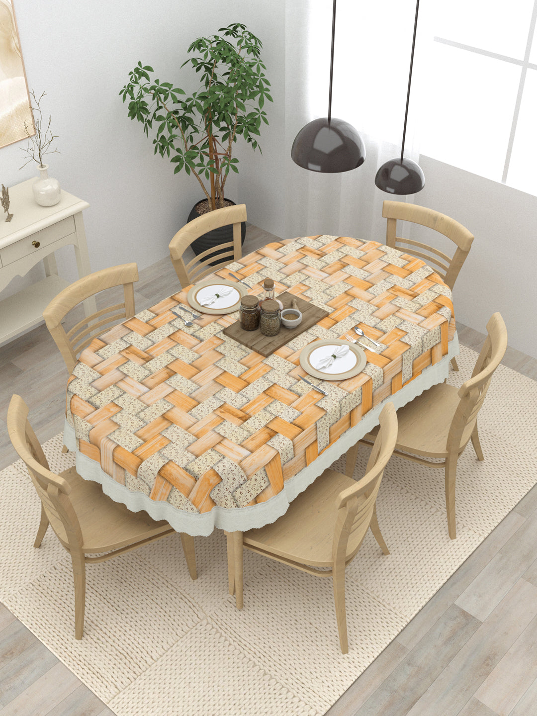 Oval Dining Table Cover; Material - PVC; Anti Slip; Yellow Wood & Flowers