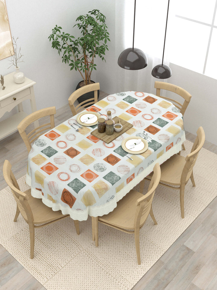 Oval Dining Table Cover; Material - PVC; Anti Slip; Multicolor Squares & Circles