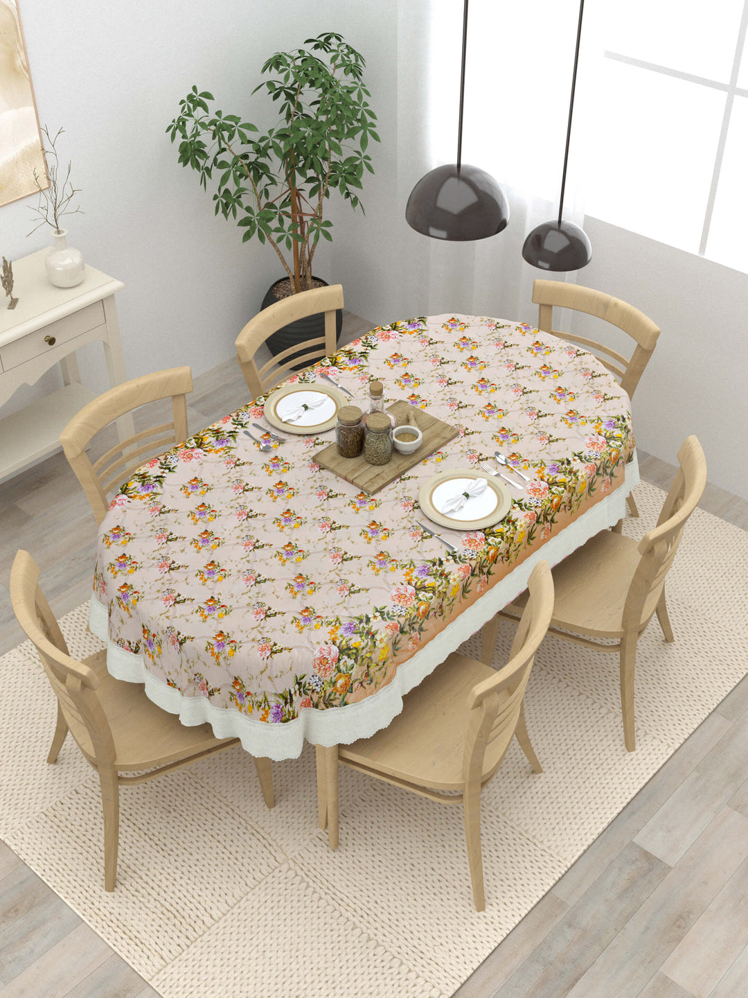 Oval Dining Table Cover; Material - PVC; Anti Slip; Yellow Orange Flowers