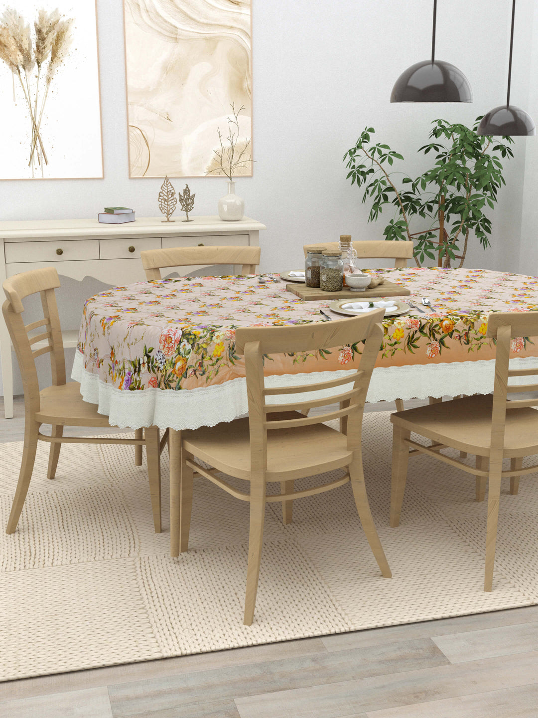 Oval Dining Table Cover; Material - PVC; Anti Slip; Yellow Orange Flowers