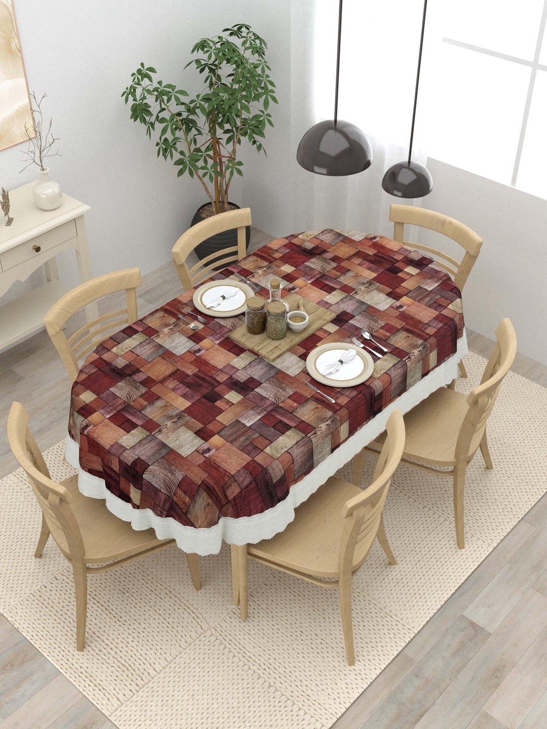 Oval Dining Table Cover; Material - PVC; Anti Slip; Brown Geometric