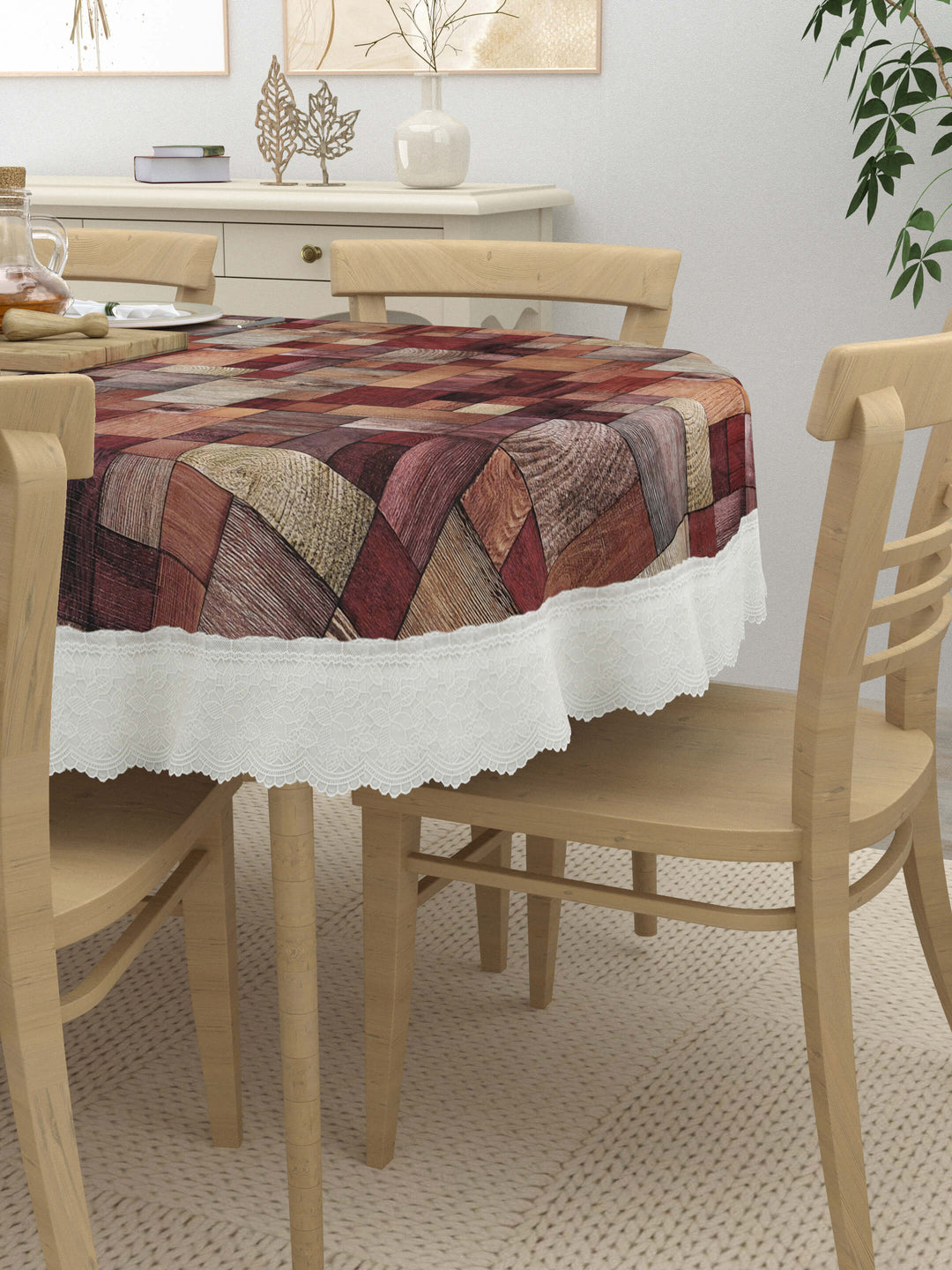 Oval Dining Table Cover; Material - PVC; Anti Slip; Brown Geometric