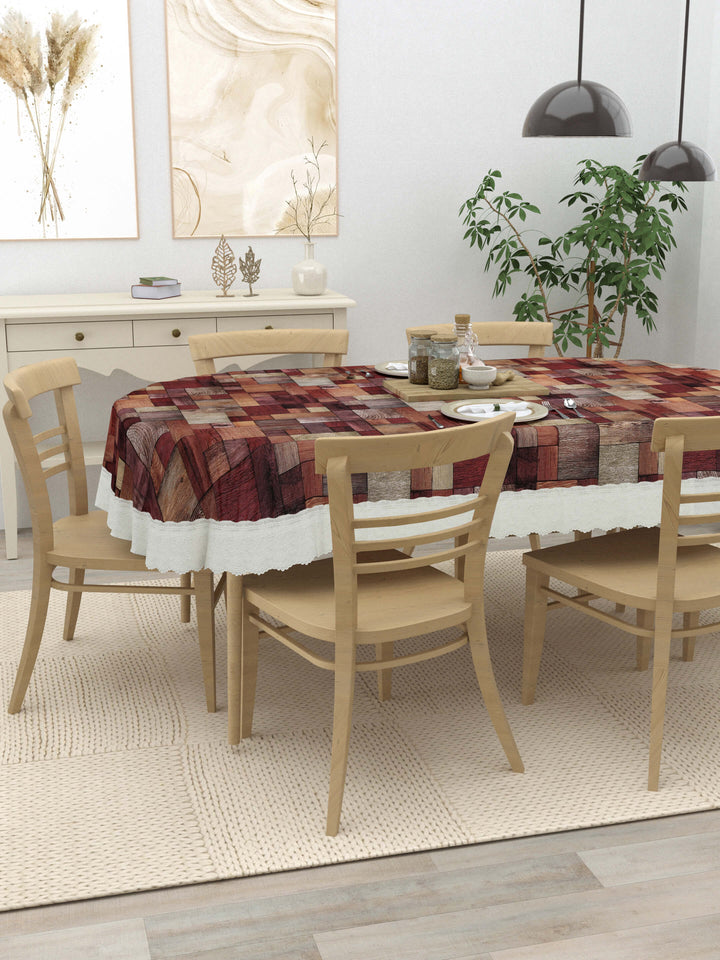 Oval Dining Table Cover; Material - PVC; Anti Slip; Brown Geometric