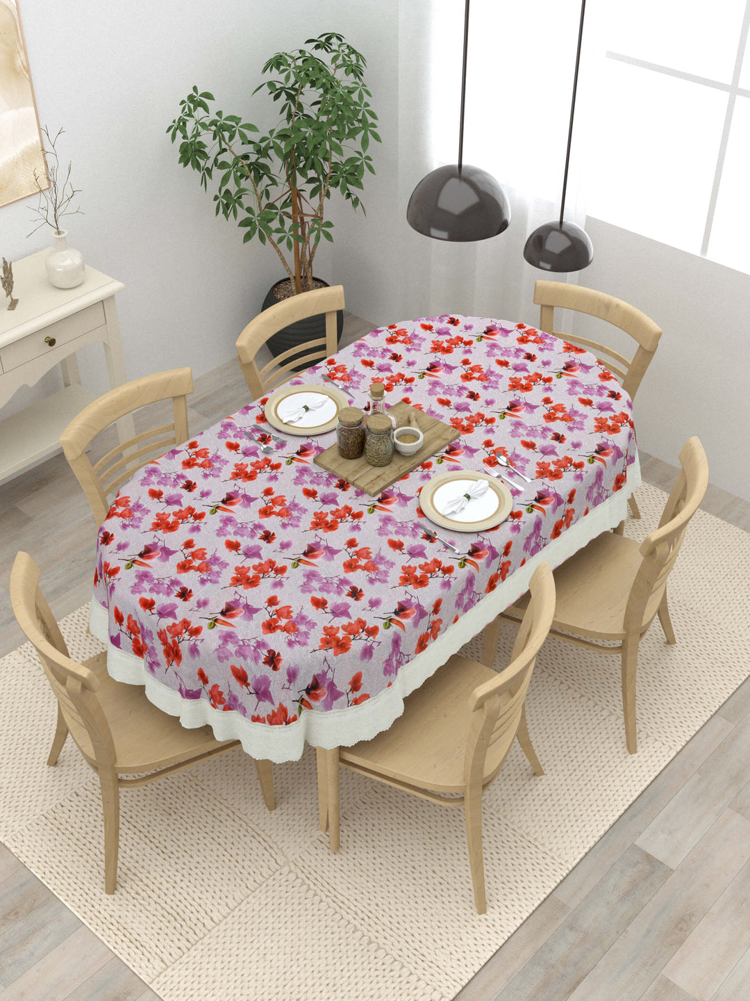 Oval Dining Table Cover; Material - PVC; Anti Slip; Red Pink Flowers & Birds