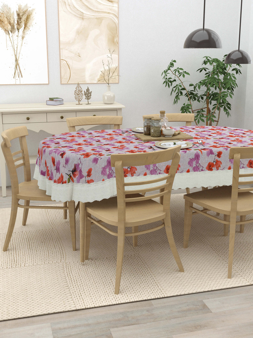 Oval Dining Table Cover; Material - PVC; Anti Slip; Orange & Red Tulips