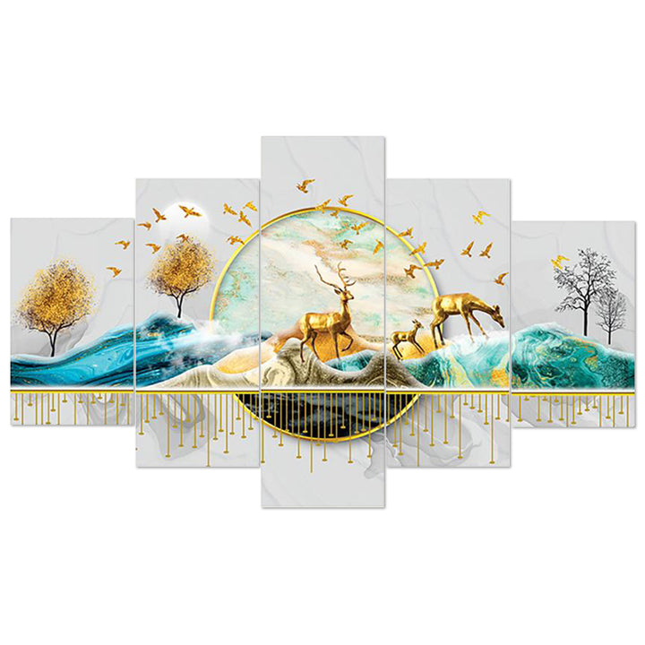 Set Of 5 Pcs 3D Wall Painting With Frame; 17x30 Inches; Golden Deers With Ring
