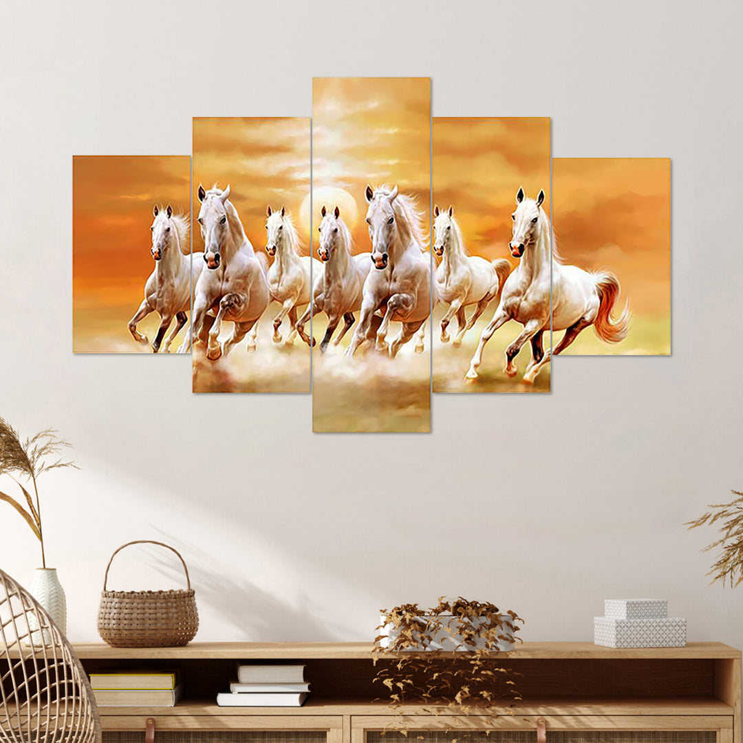 Set Of 5 Pcs 3D Wall Painting With Frame; 17x30 Inches; White 7 Horses