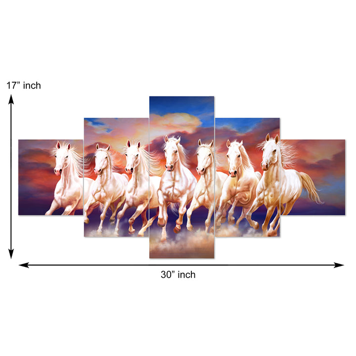 Set Of 5 Pcs 3D Wall Painting With Frame; 17x30 Inches; 7 Horses With Blue Background