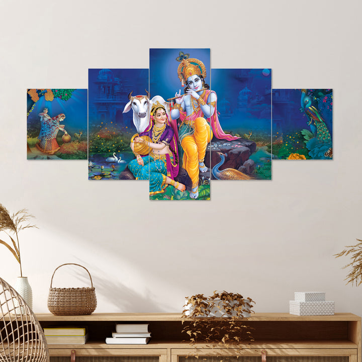 Set Of 5 Pcs 3D Wall Painting With Frame; 17x30 Inches; Radha Krishna With Cow