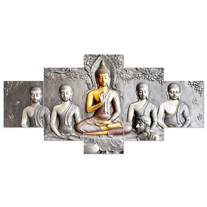 Set Of 5 Pcs 3D Wall Painting With Frame; 17x30 Inches; Silver Buddha