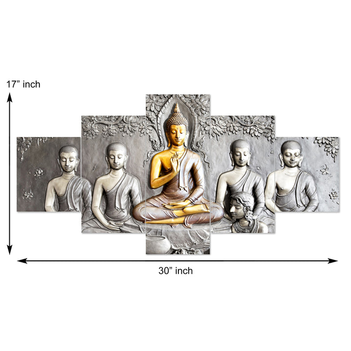 Set Of 5 Pcs 3D Wall Painting With Frame; 17x30 Inches; Silver Buddha