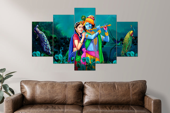 Set Of 5 Pcs 3D Wall Painting With Frame; 24x50 Inches; Radha Krishna With Peacock