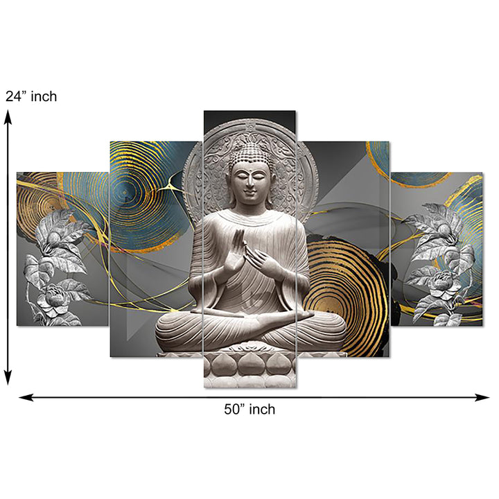 Set Of 5 Pcs 3D Wall Painting With Frame; 24x50 Inches; Silver Budhha With Leaves