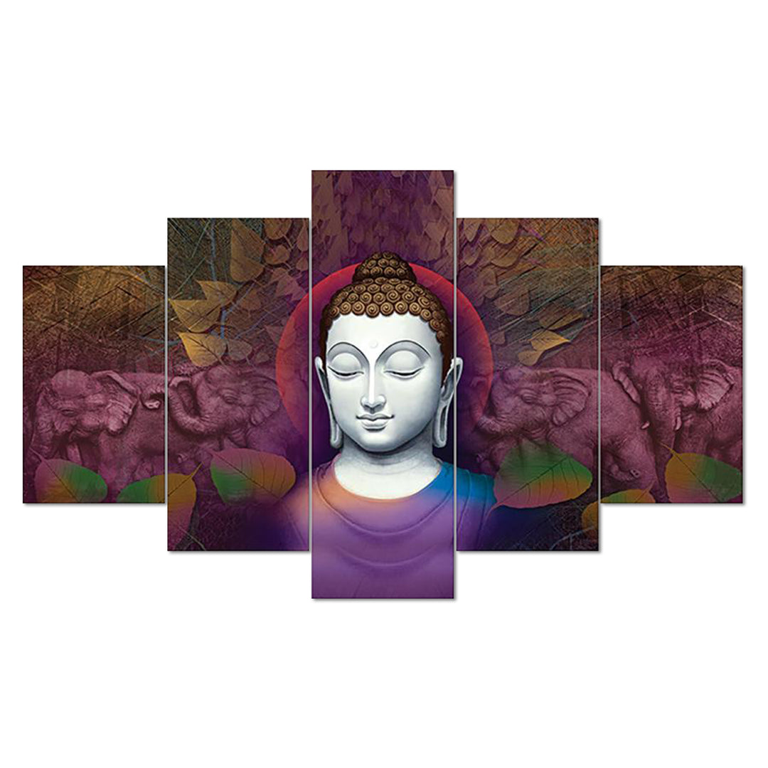 Set Of 5 Pcs 3D Wall Painting With Frame; 24x50 Inches; Buddha Face With Purple Leaves