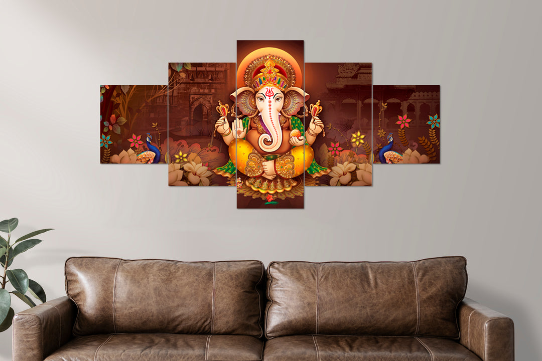 Set Of 5 Pcs 3D Wall Painting With Frame; 24x50 Inches; Ganesh Ji With Peacock