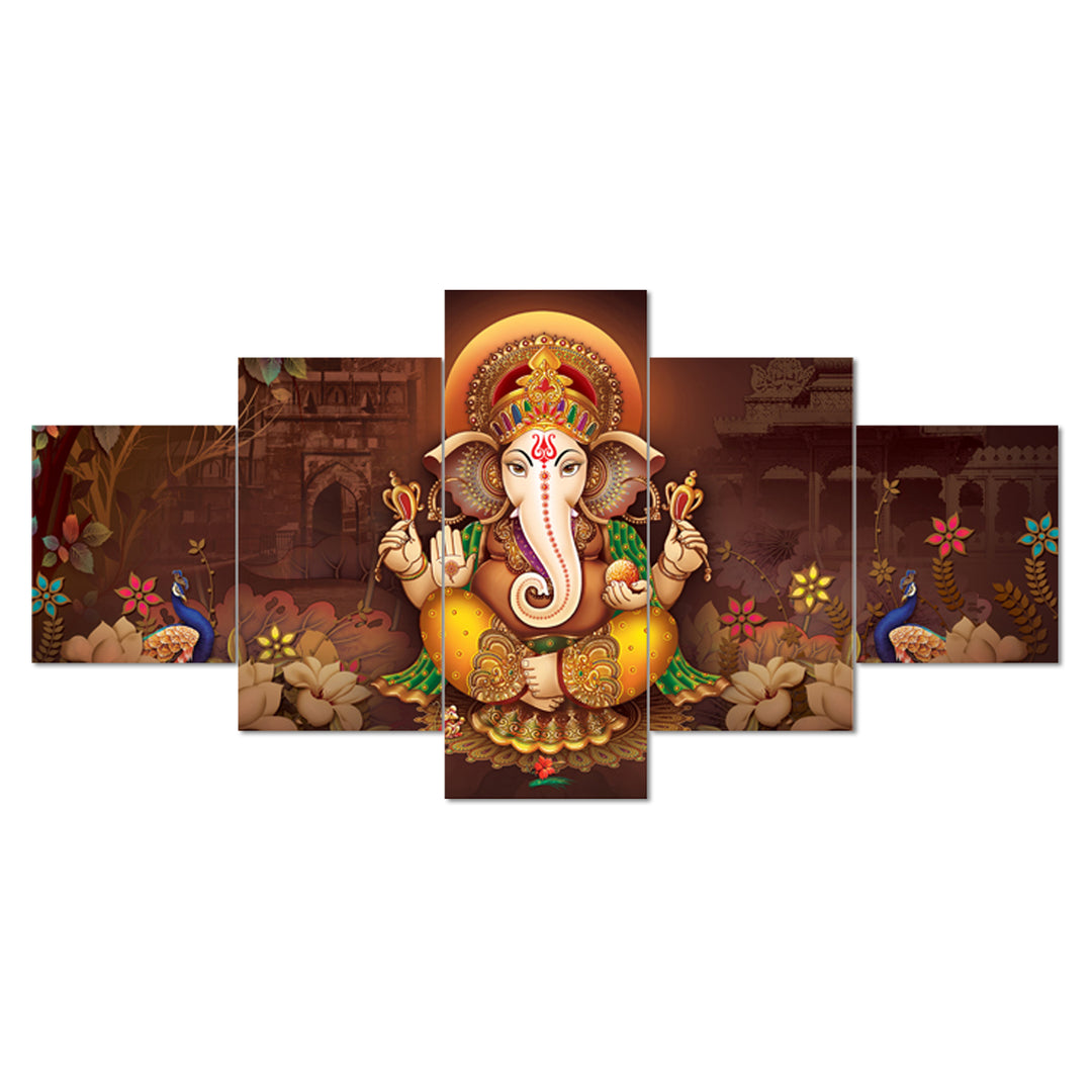 Set Of 5 Pcs 3D Wall Painting With Frame; 24x50 Inches; Ganesh Ji With Peacock