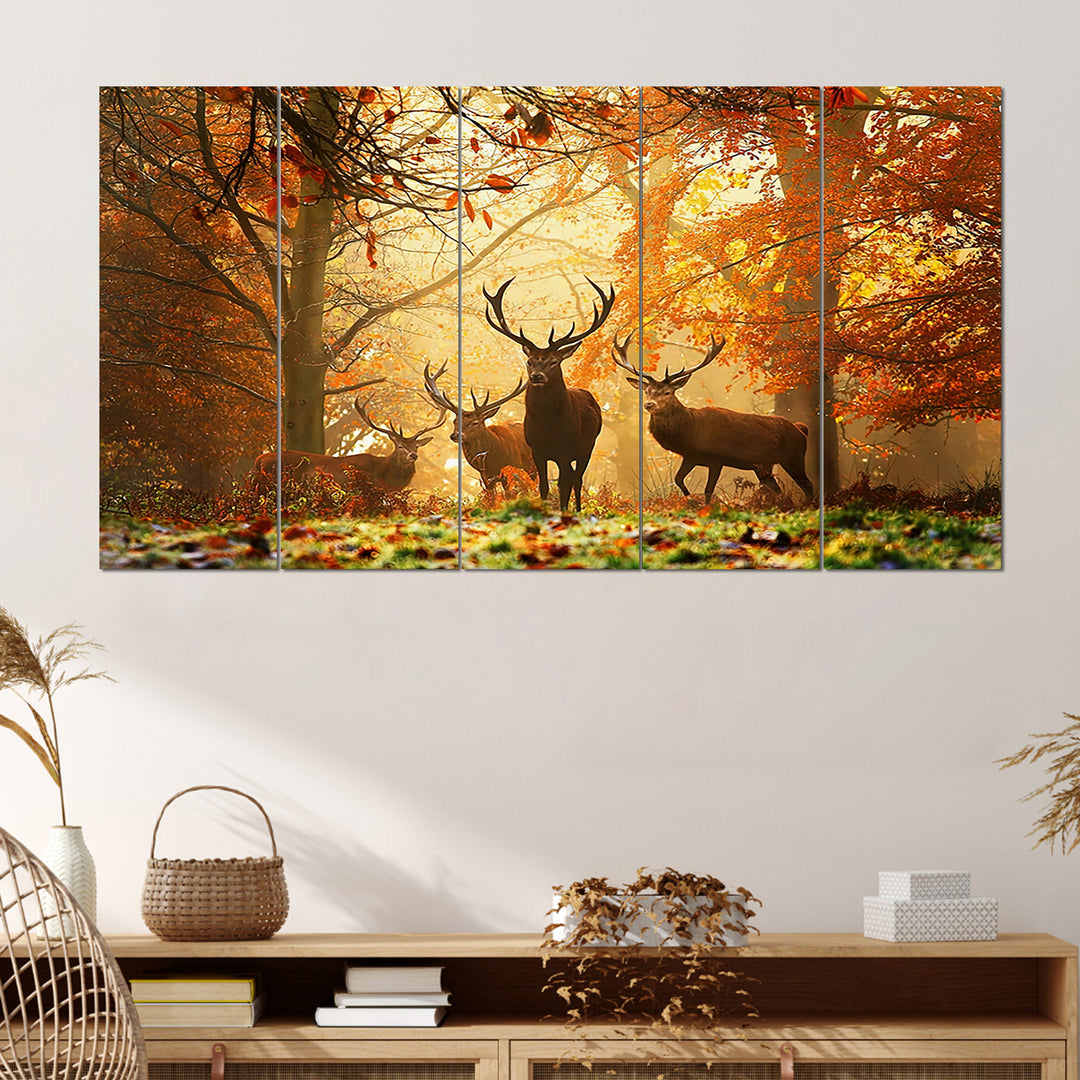 Set Of 5 Pcs 3D Wall Painting With Frame; 24x50 Inches; Reindeers In Jungle