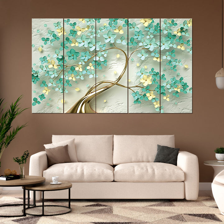 Set Of 5 Pcs 3D Wall Painting With Frame; 24x50 Inches; Green Golden Flowers