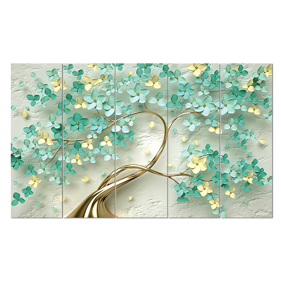 Set Of 5 Pcs 3D Wall Painting With Frame; 24x50 Inches; Green Golden Flowers