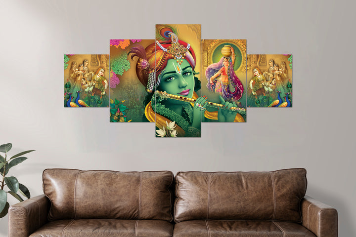 Set Of 5 Pcs 3D Wall Painting With Frame; 24x50 Inches; Radha Krishna