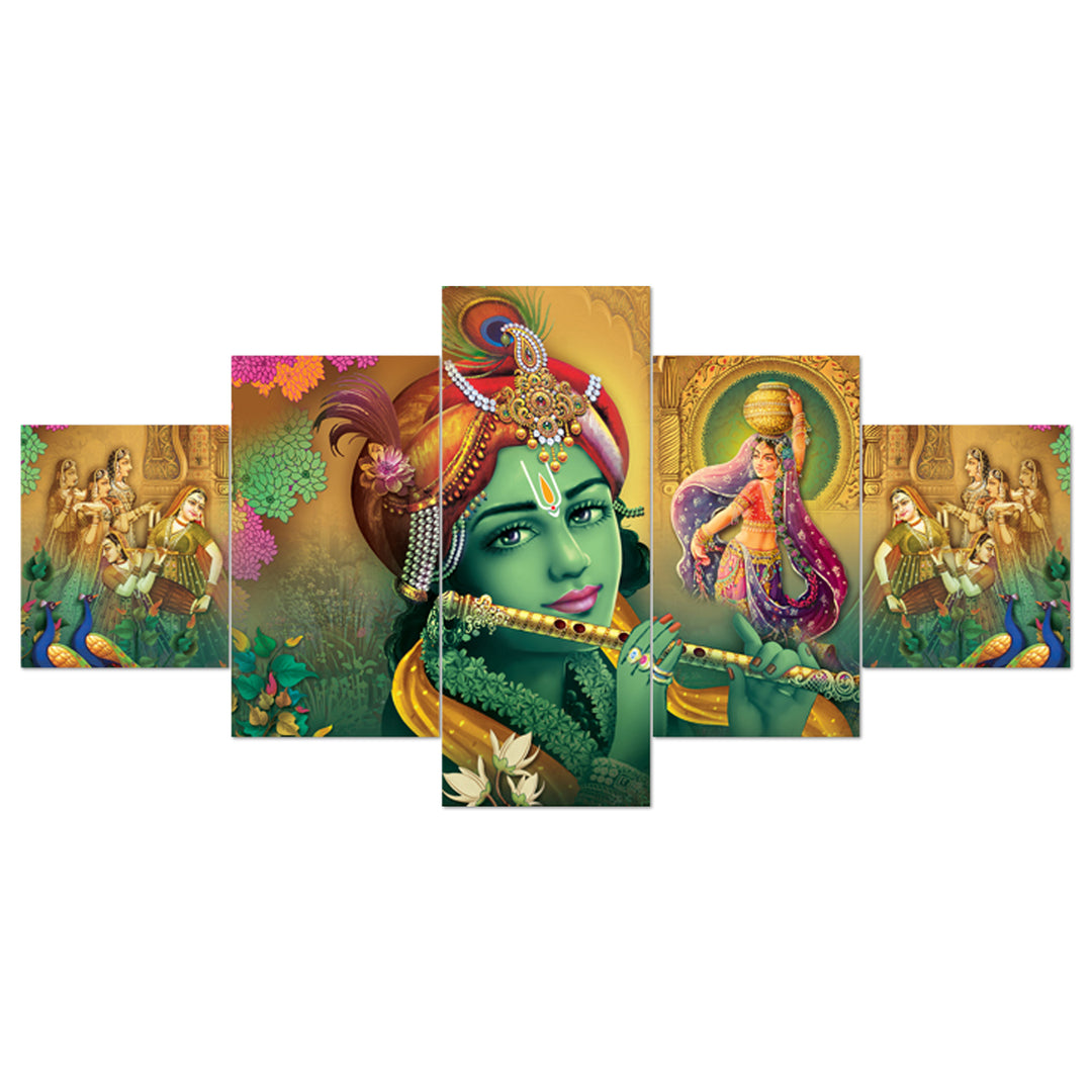 Set Of 5 Pcs 3D Wall Painting With Frame; 24x50 Inches; Radha Krishna