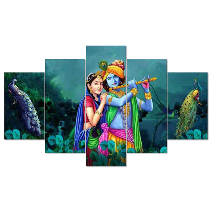 Set Of 5 Pcs 3D Wall Painting With Frame; 17x30 Inches; Radha Krishna With Peacock