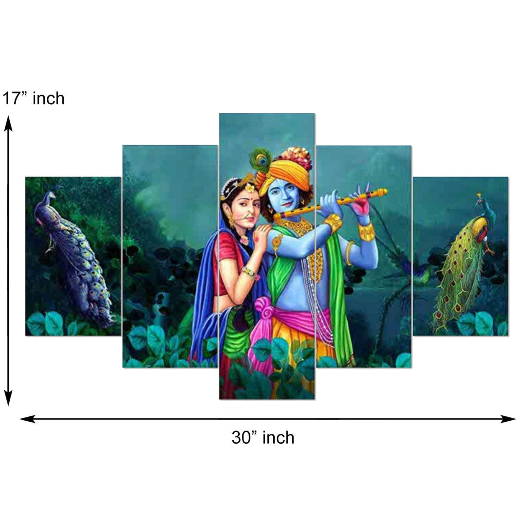 Set Of 5 Pcs 3D Wall Painting With Frame; 17x30 Inches; Radha Krishna With Peacock