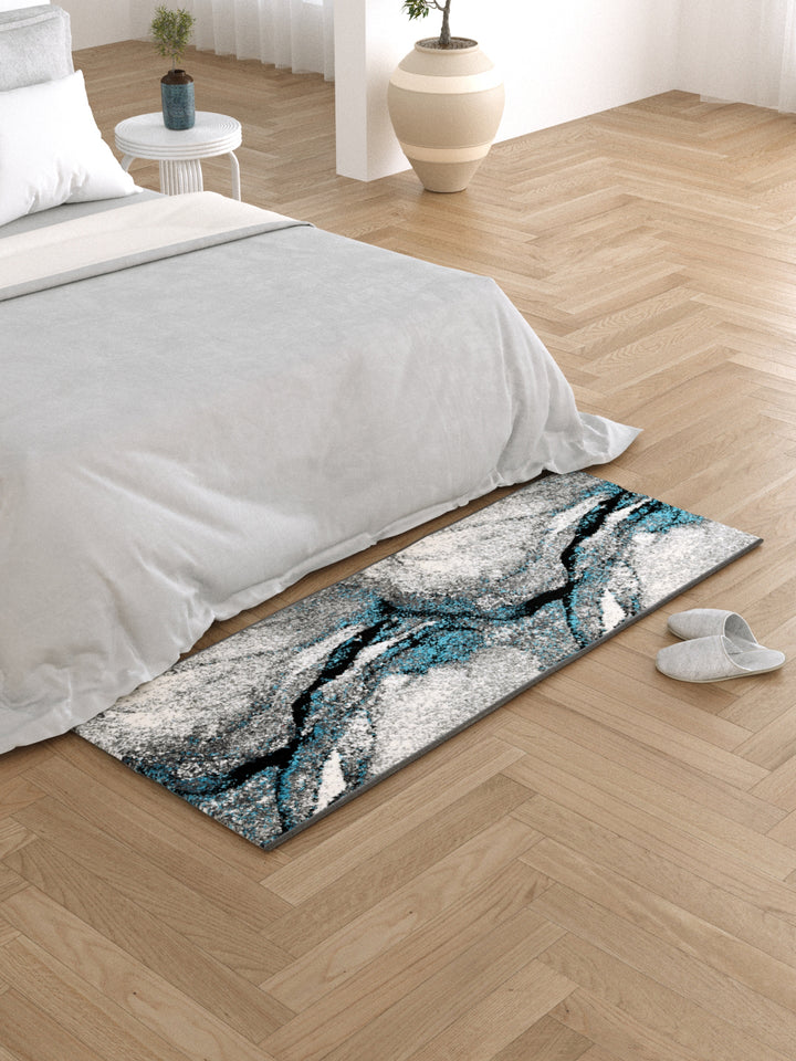 Bedside Runner Carpet Rug With Anti Skid Backing; 57x140 cms; Grey Black Abstract