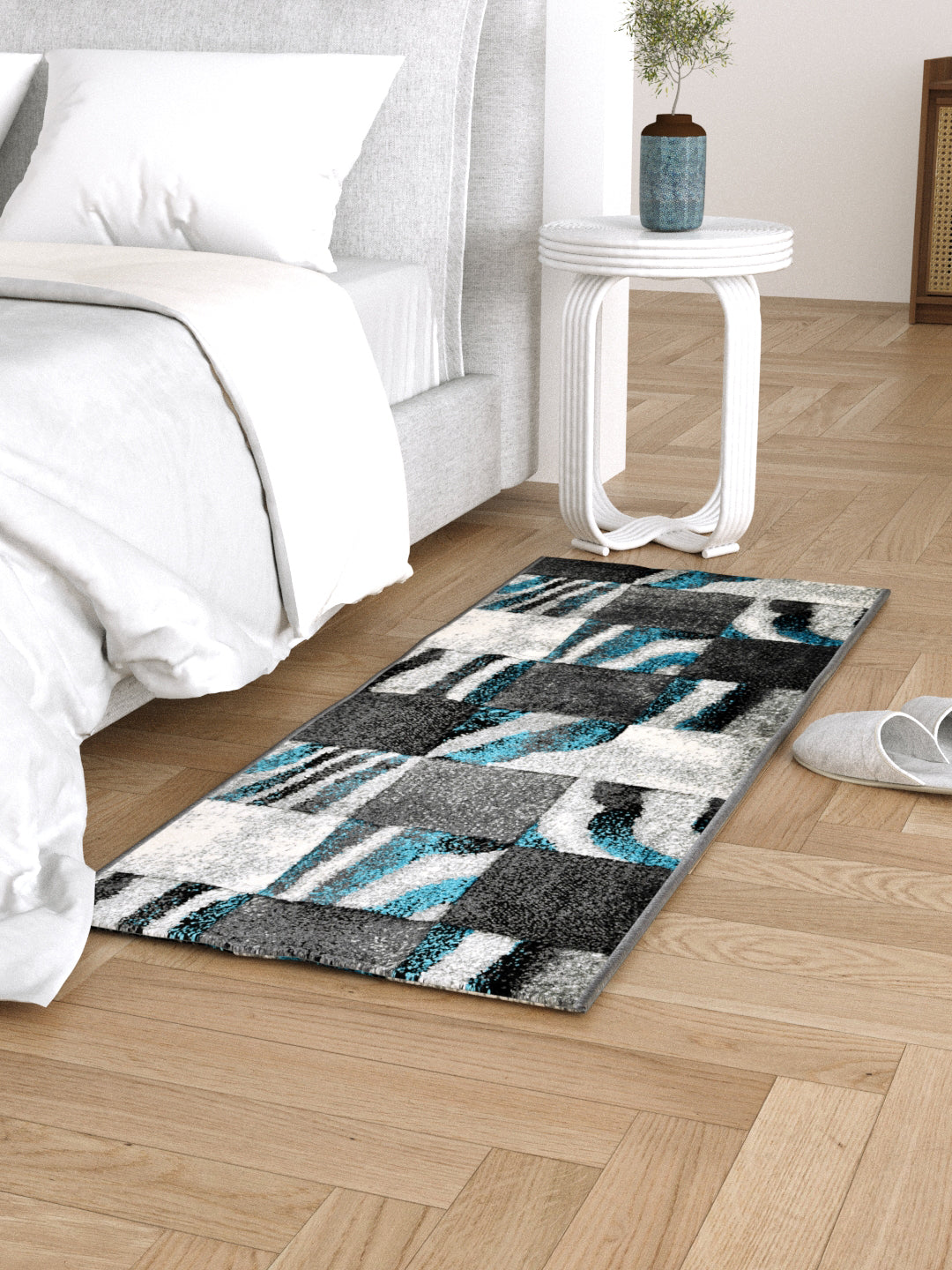 Bedside Runner Carpet Rug With Anti Skid Backing; 57x140 cms; Grey Blue Checks