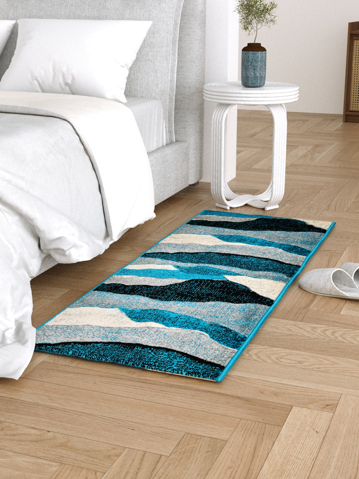 Bedside Runner Carpet Rug With Anti Skid Backing; 57x140 cms; Blue White Abstract