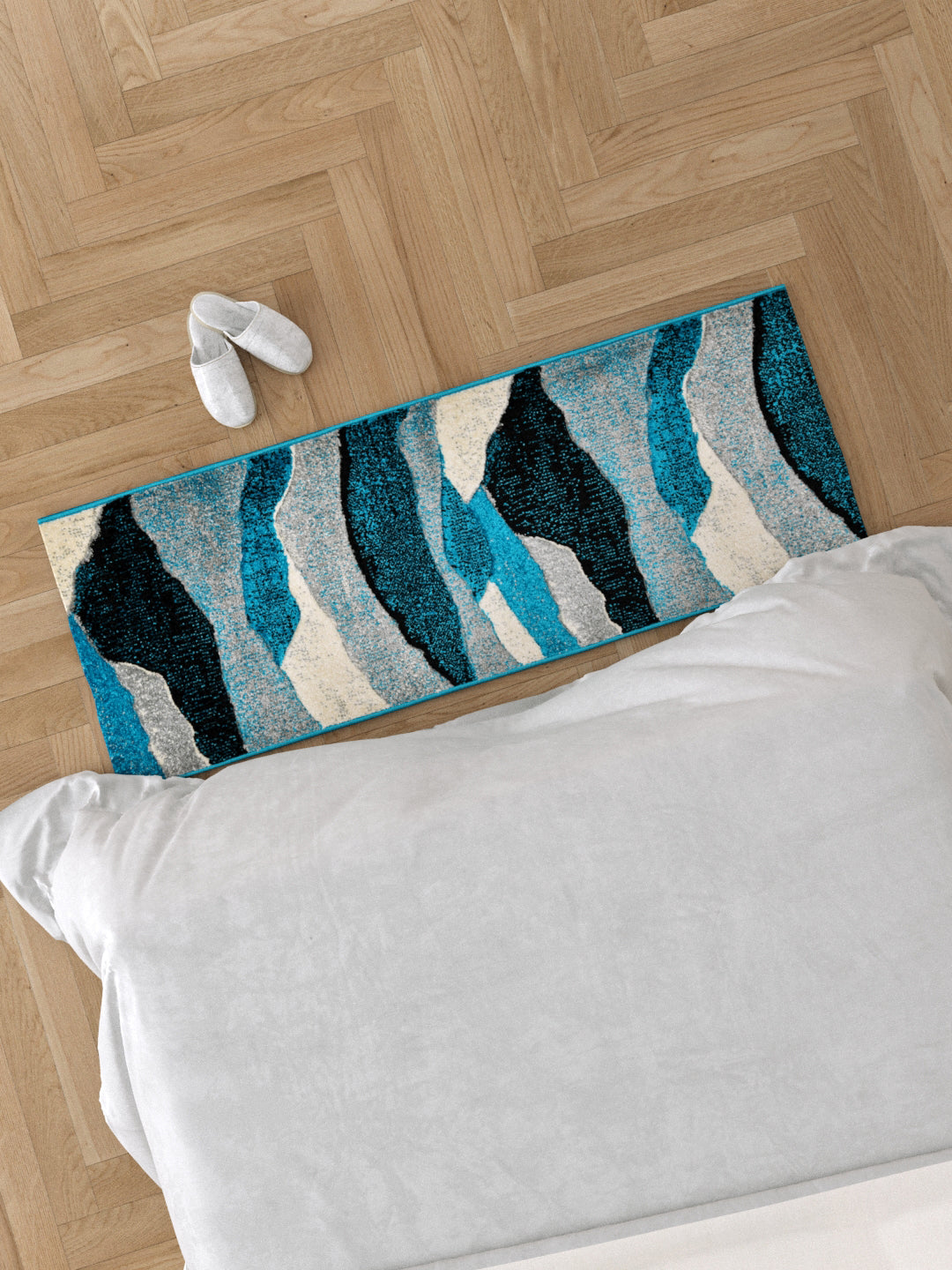 Bedside Runner Carpet Rug With Anti Skid Backing; 57x140 cms; Blue White Abstract