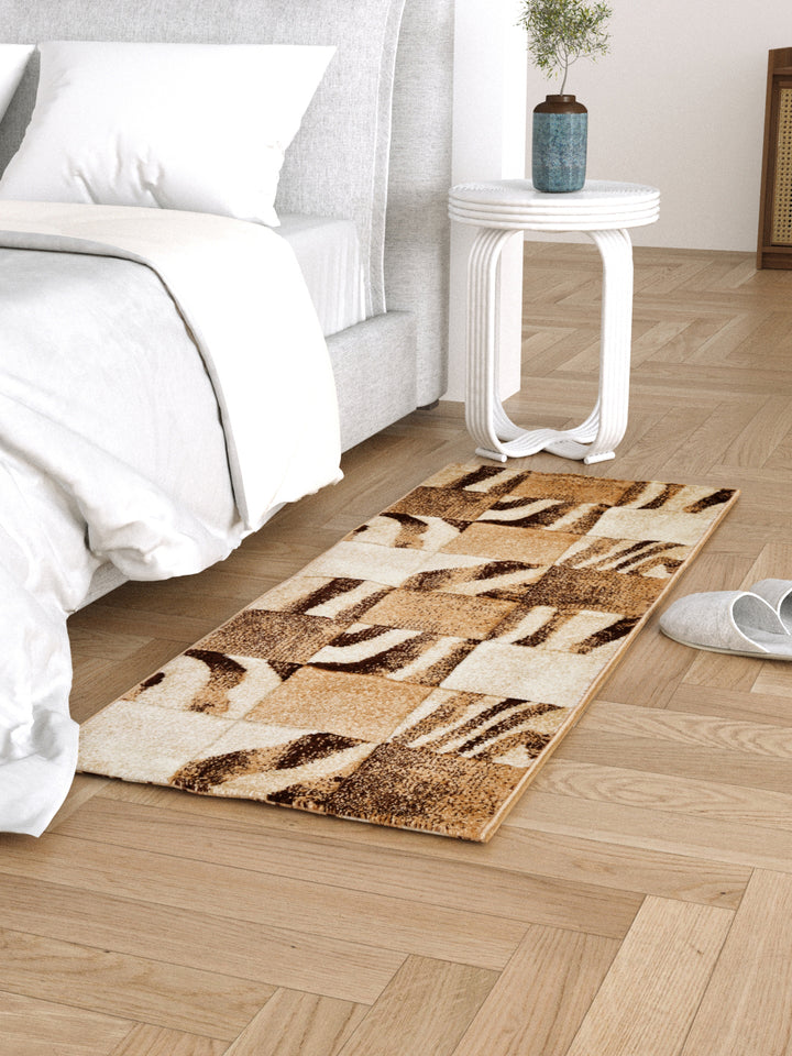 Bedside Runner Carpet Rug With Anti Skid Backing; 57x140 cms; Beige Brown Checks