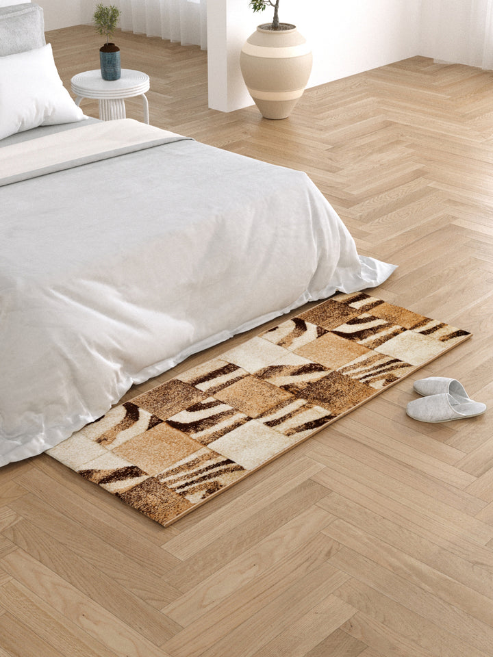 Bedside Runner Carpet Rug With Anti Skid Backing; 57x140 cms; Beige Brown Checks