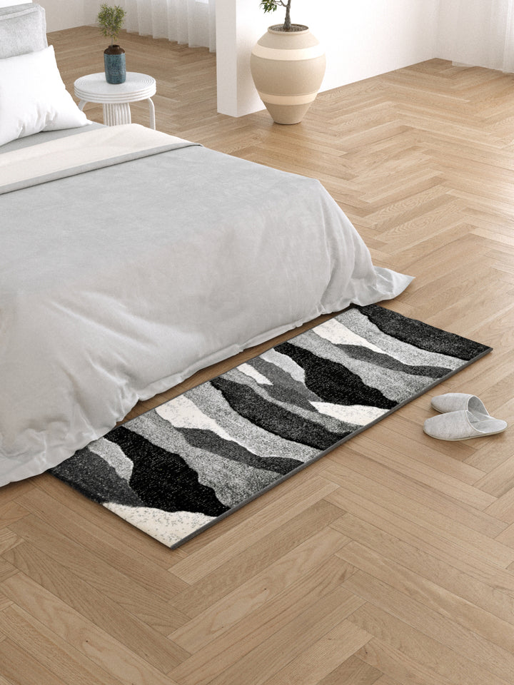 Bedside Runner Carpet Rug With Anti Skid Backing; 57x140 cms; Grey White Abstract