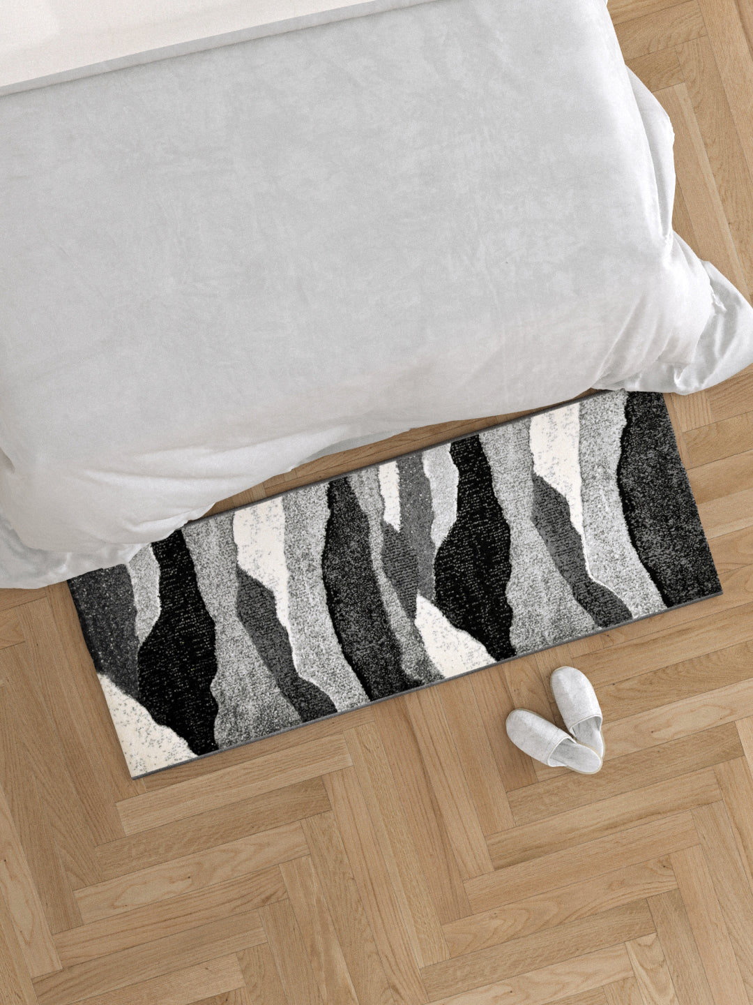 Bedside Runner Carpet Rug With Anti Skid Backing; 57x140 cms; Grey White Abstract