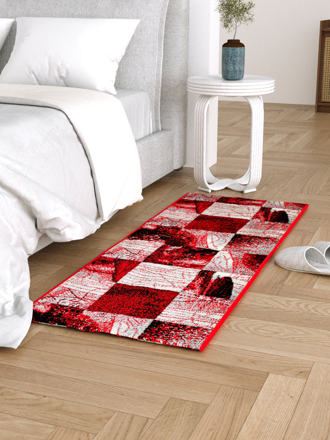 Bedside Runner Carpet Rug With Anti Skid Backing; 57x140 cms; Maroon Grey Checks