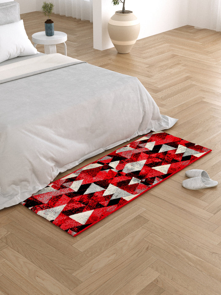 Bedside Runner Carpet Rug With Anti Skid Backing; 57x140 cms; Red Black Triangles