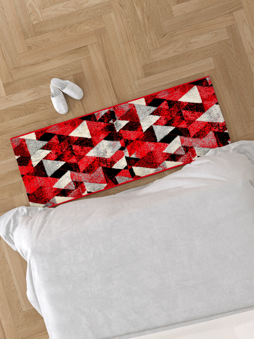 Bedside Runner Carpet Rug With Anti Skid Backing; 57x140 cms; Red Black Triangles