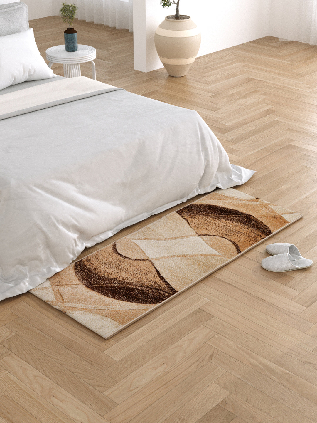 Bedside Runner Carpet Rug With Anti Skid Backing; 57x140 cms; Beige Brown Abstract