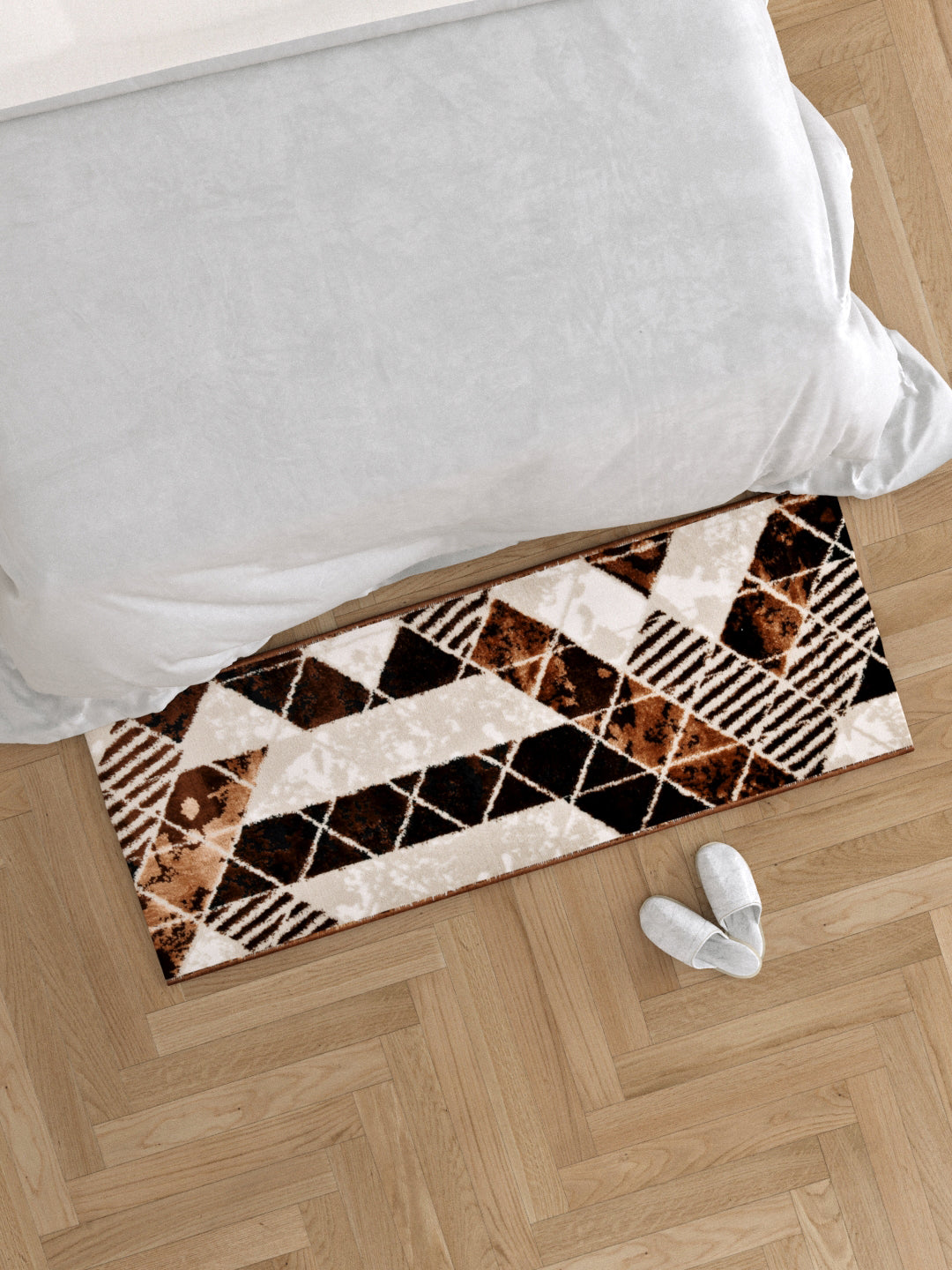 Bedside Runner Carpet Rug With Anti Skid Backing; 57x140 cms; Brown Triangles