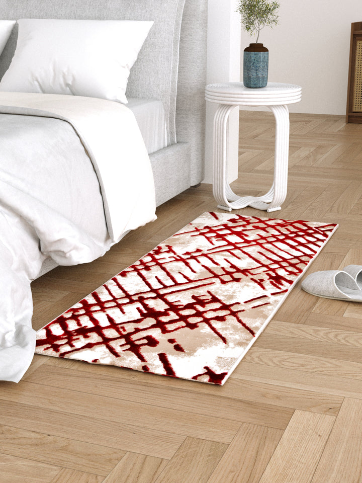 Bedside Runner Carpet Rug With Anti Skid Backing; 57x140 cms; Maroon Beige Abstract