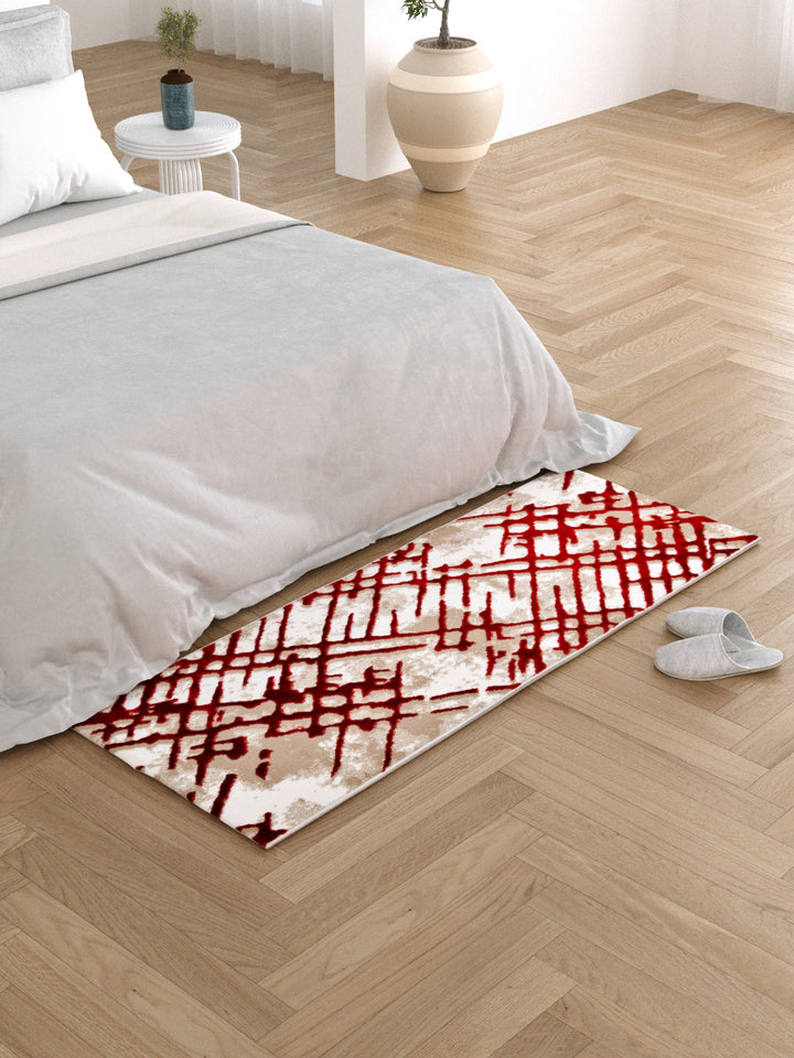 Bedside Runner Carpet Rug With Anti Skid Backing; 57x140 cms; Maroon Beige Abstract
